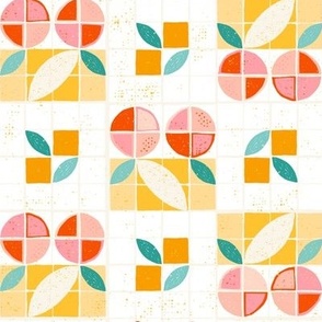 Georgia Peaches Picnic Charm on Cream: Geometric Checkerboard with Summer Yellow and Peach Tints and Shades with Accents of Teal Leaves
