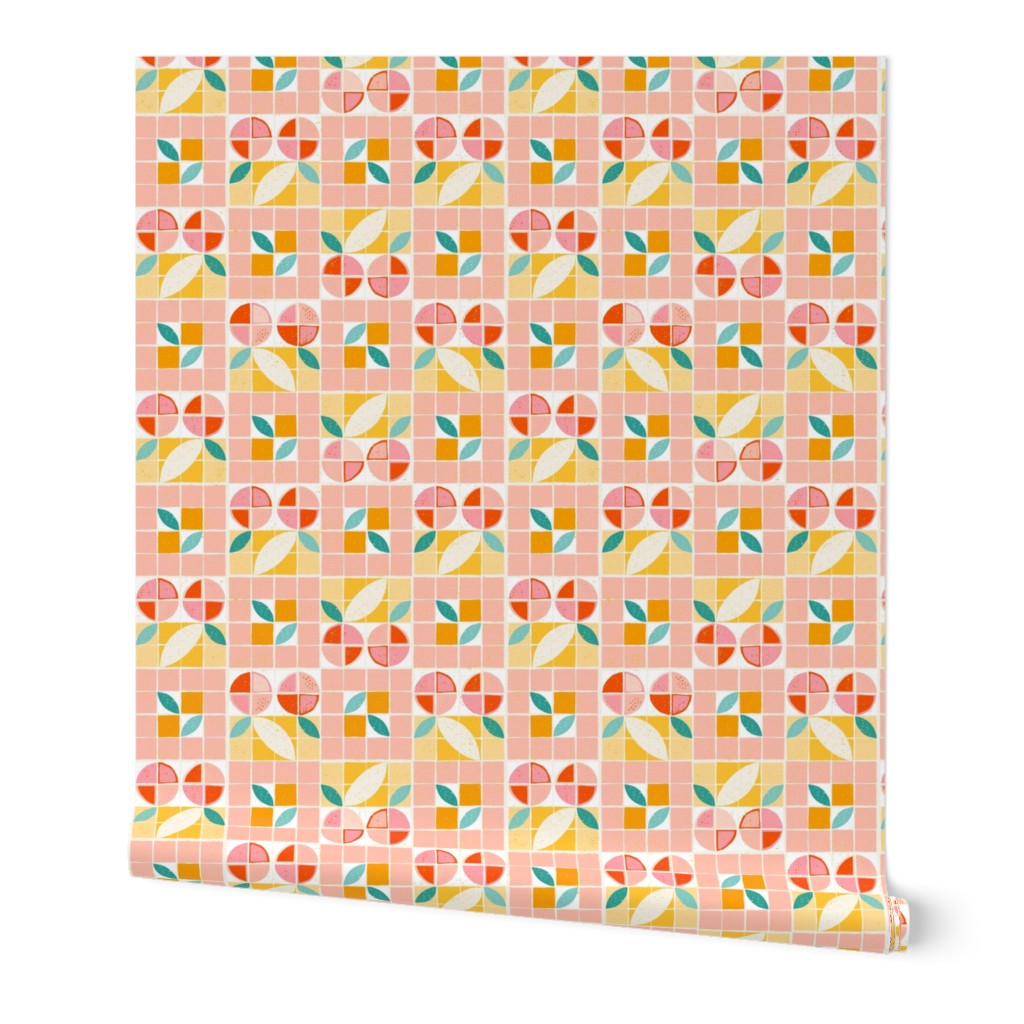 Georgia Peaches Picnic Charm in Peach: Geometric Checkerboard with Summer Yellow and Peach Tints and Shades with Accents of Teal Leaves
