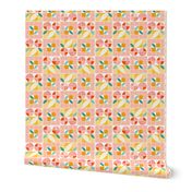 Georgia Peaches Picnic Charm in Peach: Geometric Checkerboard with Summer Yellow and Peach Tints and Shades with Accents of Teal Leaves
