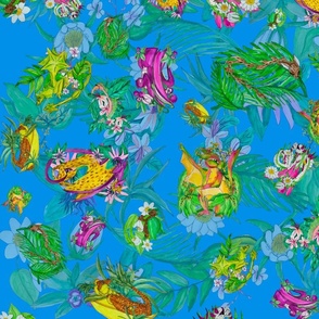 Vibrant tropical dragon pattern on blue.