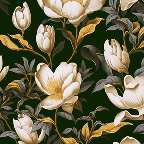 Magnolia Manor- Cream/Forest Green Wallpaper 