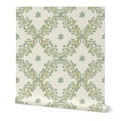 Traditional Trellis vine buttercup repeat teal and sage 