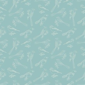 Birds and Berries hand-drawn cream on blue background for home decor