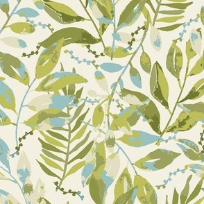Lush Watercolour Organic Leaves & Ferns in multi green and teal