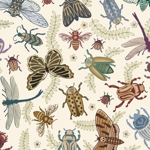 All the pretty doodle bugs - jewel tone beetles, butterflies, bees, moths and dragonflies on ivory (#faf3e3) - jumbo