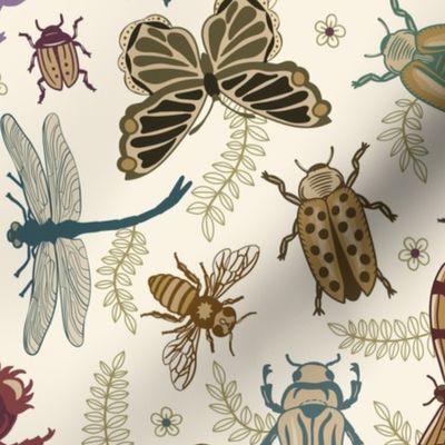 All the pretty doodle bugs - jewel tone beetles, butterflies, bees, moths and dragonflies on ivory (#faf3e3) - extra large