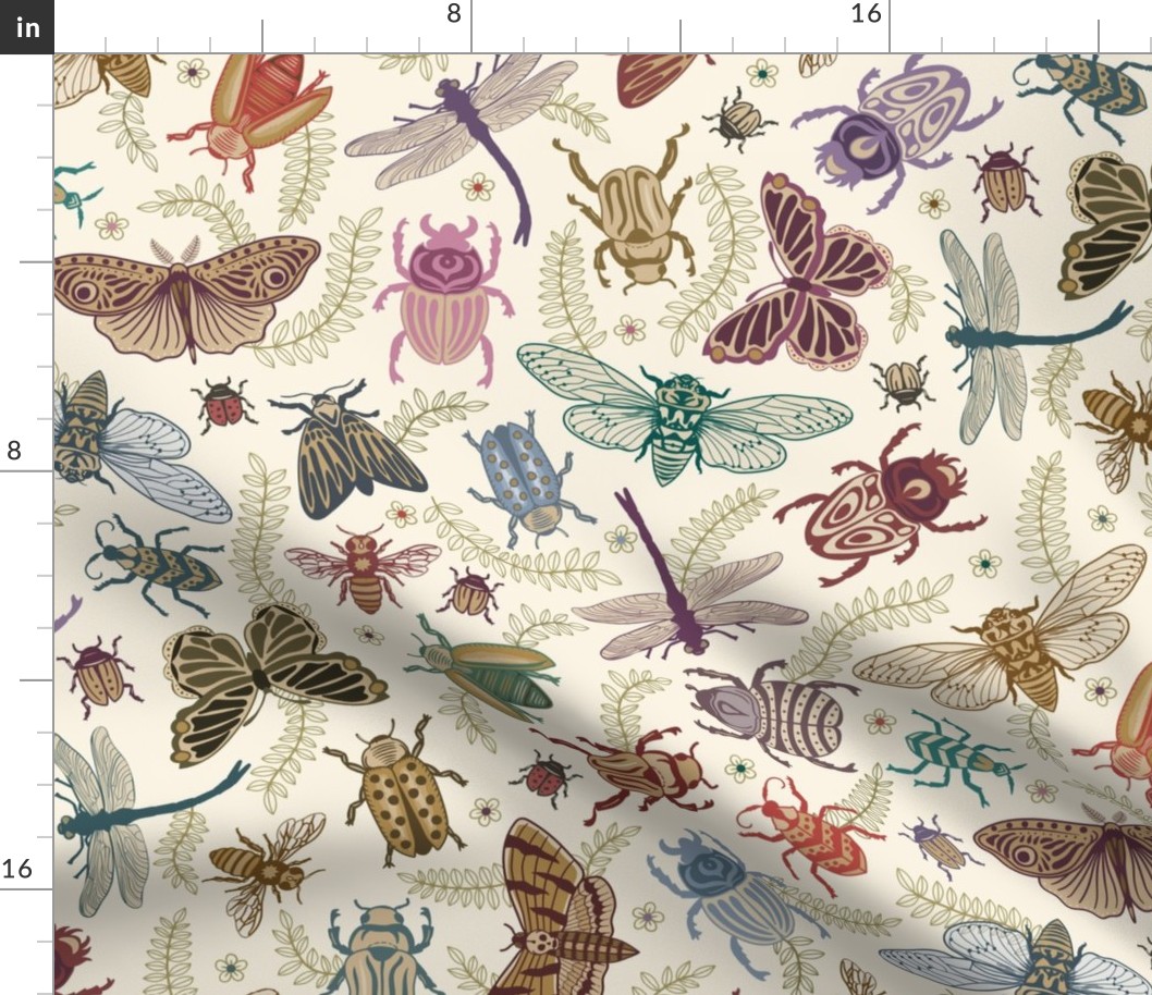 All the pretty doodle bugs - jewel tone beetles, butterflies, bees, moths and dragonflies on ivory (#faf3e3) - extra large