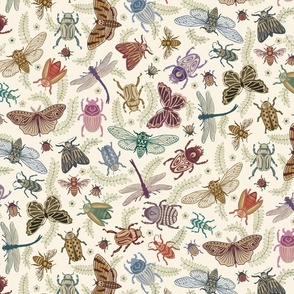 All the pretty doodle bugs - jewel tone beetles, butterflies, bees, moths and dragonflies on ivory (#faf3e3) - large