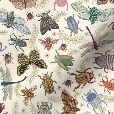 All the pretty doodle bugs - jewel tone beetles, butterflies, bees, moths and dragonflies on ivory (#faf3e3) - mid-large