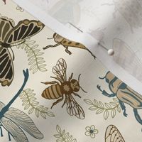 All the pretty doodle bugs - jewel tone beetles, butterflies, bees, moths and dragonflies on ivory (#faf3e3) - mid-large