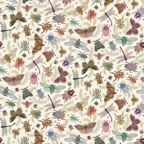 All the pretty doodle bugs - jewel tone beetles, butterflies, bees, moths and dragonflies on ivory (#faf3e3) - mid-large