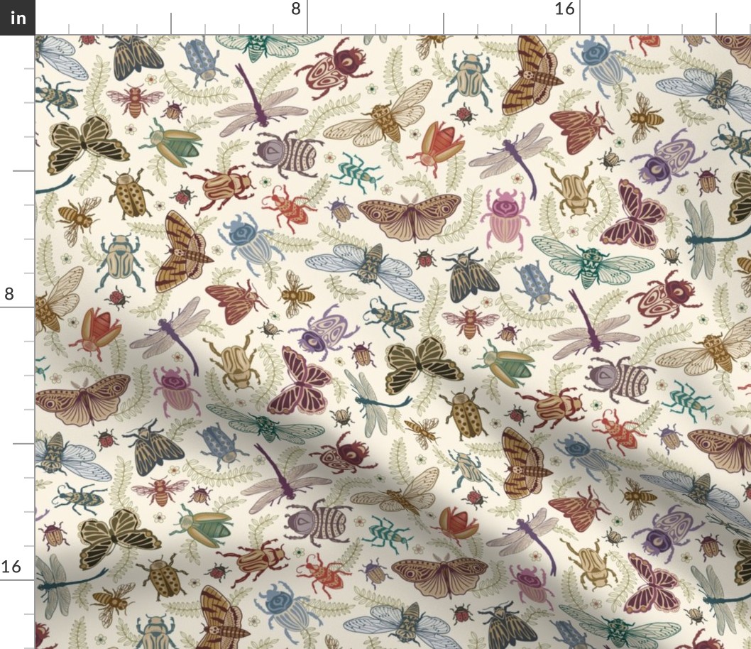 All the pretty doodle bugs - jewel tone beetles, butterflies, bees, moths and dragonflies on ivory (#faf3e3) - mid-large