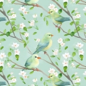 Pale Green Birds and White Blossoms