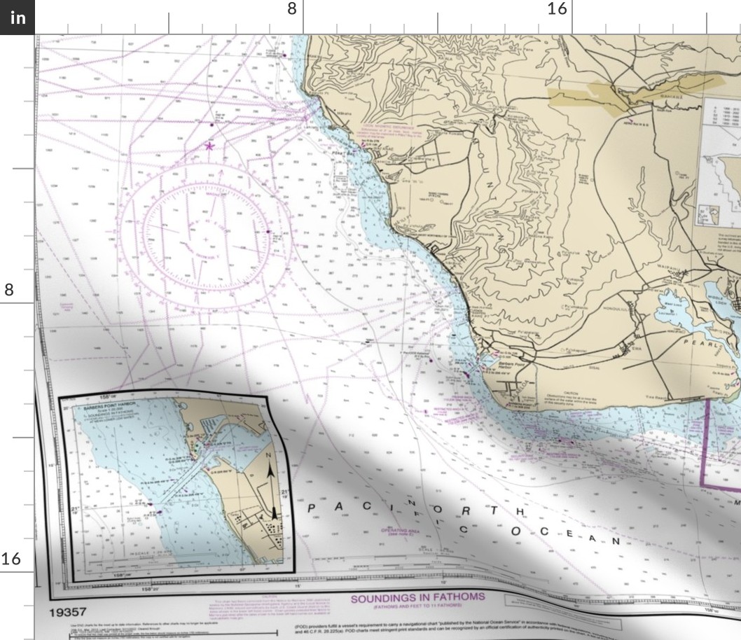 NOAA O'ahu Island nautical chart #19357, 42x32.1" (fits on a yard of any fabric)