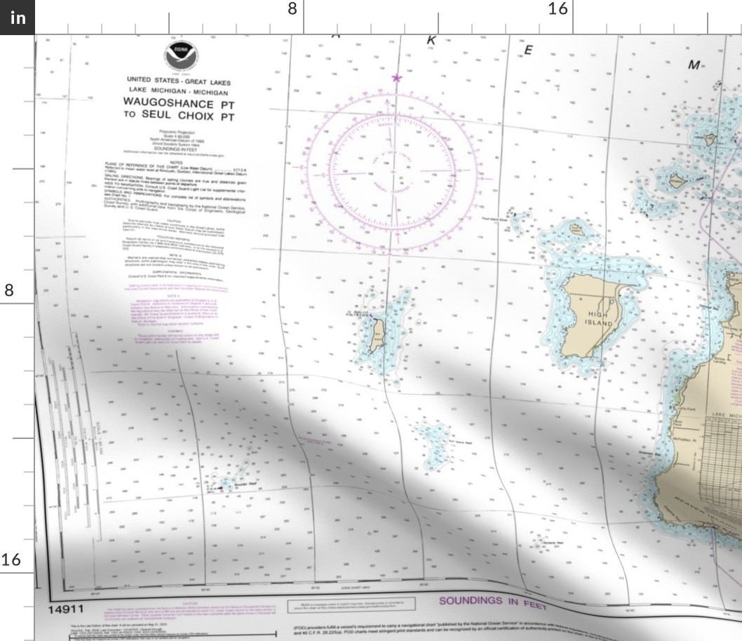 NOAA nautical chart #14911, Beaver Island in Lake Michigan, 42x31.4" (fits on one yard of any fabric)
