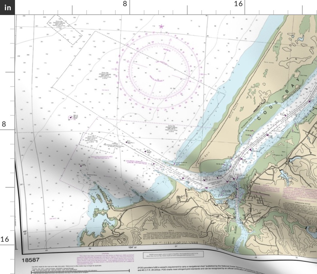 NOAA nautical chart #18587, Coos Bay Oregon, 42x31.5" (fits on one yard of any fabric)