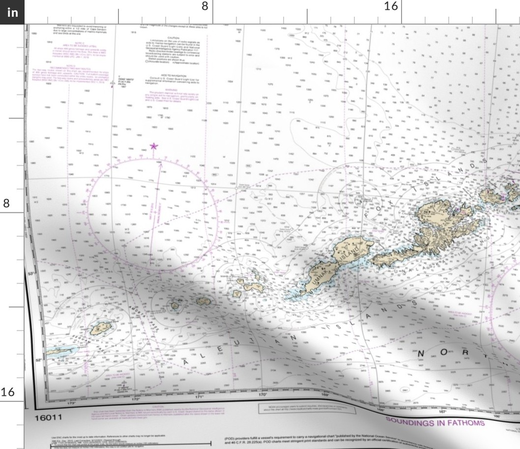 NOAA nautical chart #16011, Alaskan Peninsula Aleutian Islands, 42x35.6" (fits on one yard of any fabric) 