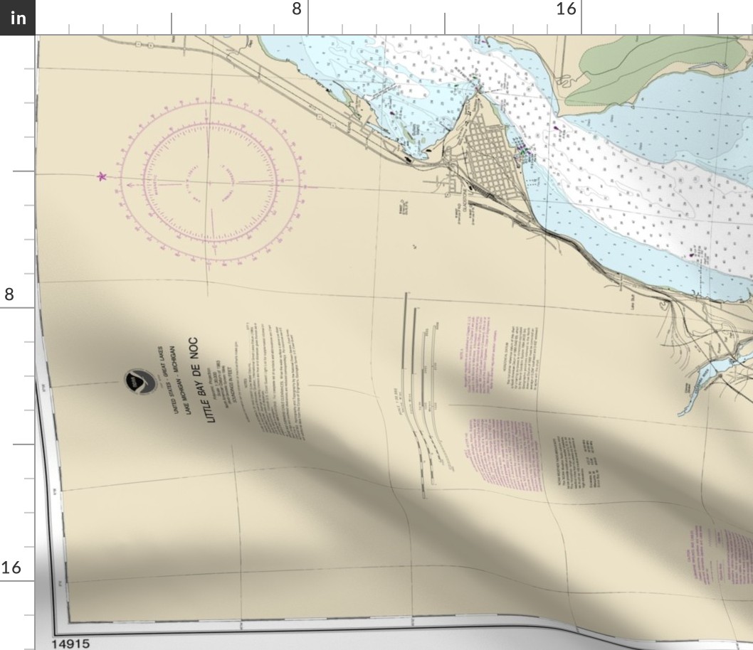 NOAA nautical chart #14915, Little Bay De Noc, Lake Michigan, 42x30" (fits on one yard of any fabric)