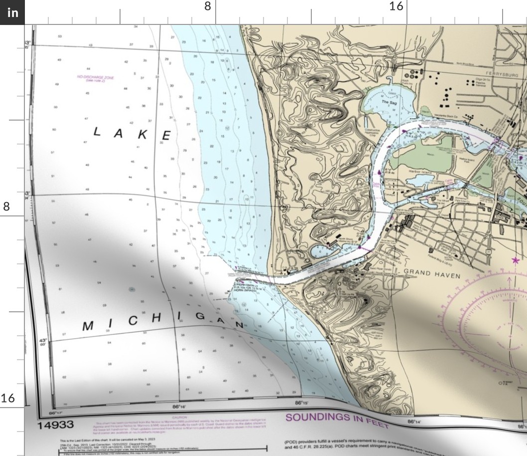NOAA nautical chart #14933, Grand Haven, Lake Michigan, 42x36" (fits on one yard of any fabric) 