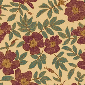 Wild Mountain Roses - extra large - burgundy, teal and, brown on golden 