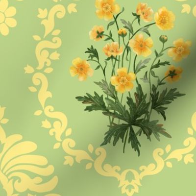 Buttercup watercolor bouquet in Damask design in light bright spring yellow on lily green