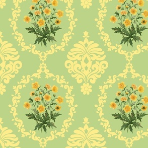 Buttercup watercolor bouquet in Damask design in light bright spring yellow on lily green