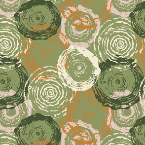 Overlapping tree-rings off-white, dark green and bright orange abstract home decor