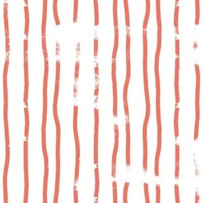 coral red and white wobbly vertical textured candy stripe fabric and wallpaper
