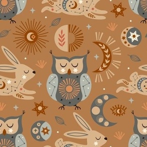 celestial owl and hare on a brown background