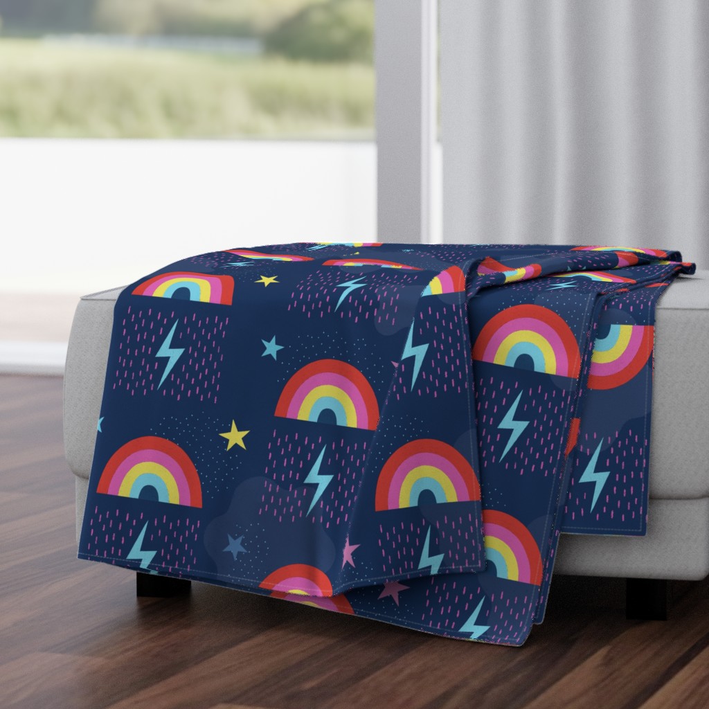 Large- Fun colourful rainbow and lightning bolts on dark blue background
