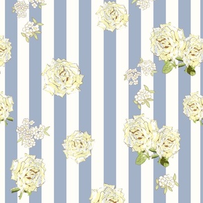 Country Yellow Roses on Dusty French Blue and White Stripes L
