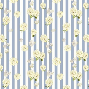 Country Yellow Roses on Dusty French Blue and White Stripes M