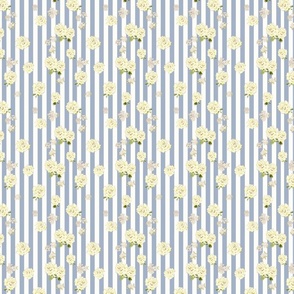Country Yellow Roses on Dusty French Blue and White Stripes / Ticking S