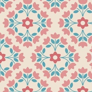 Tulip Motif | Turquoise and Coral Pink | Geometric Floral