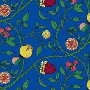 Handdrawn botanical fantasy fruit vines with textured pomegranate, lemon, fig, strawberry motifs,  royal blue