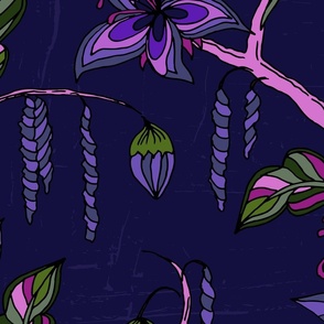 Enchanting Night Garden - handdrawn flowers in deep blue and pink - large