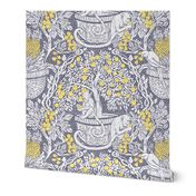 Tropical Fruits Damask with Monkeys and Parrots on Blue Background