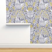 Tropical Fruits Damask with Monkeys and Parrots on Blue Background