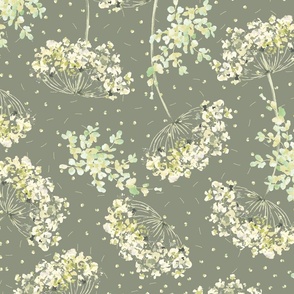 Ethereal Queen's Anne Lace Flowers | Whimsical flowers on olive green background | suited for chic kitchen wallpaper, home decor, romantic bedroom