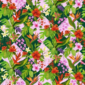 Pink and Green Checkers Tropical Floral
