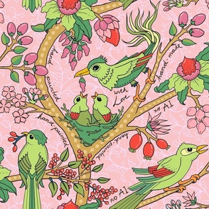 Tropical Birds and red fruit - handdrawn - big size