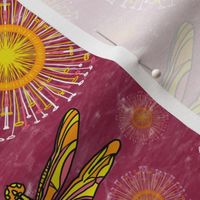 Colourful yellow and orange  dragonflies and seedheads  over sparkling effect water 12” Repeat over Fandango pink 