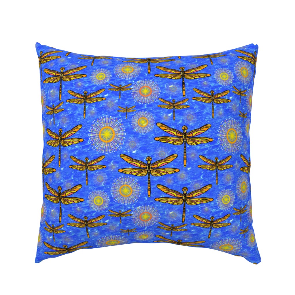 Colourful yellow and orange  dragonflies and seedheads  over sparkling effect water 12” Repeat over ultramarine blue 