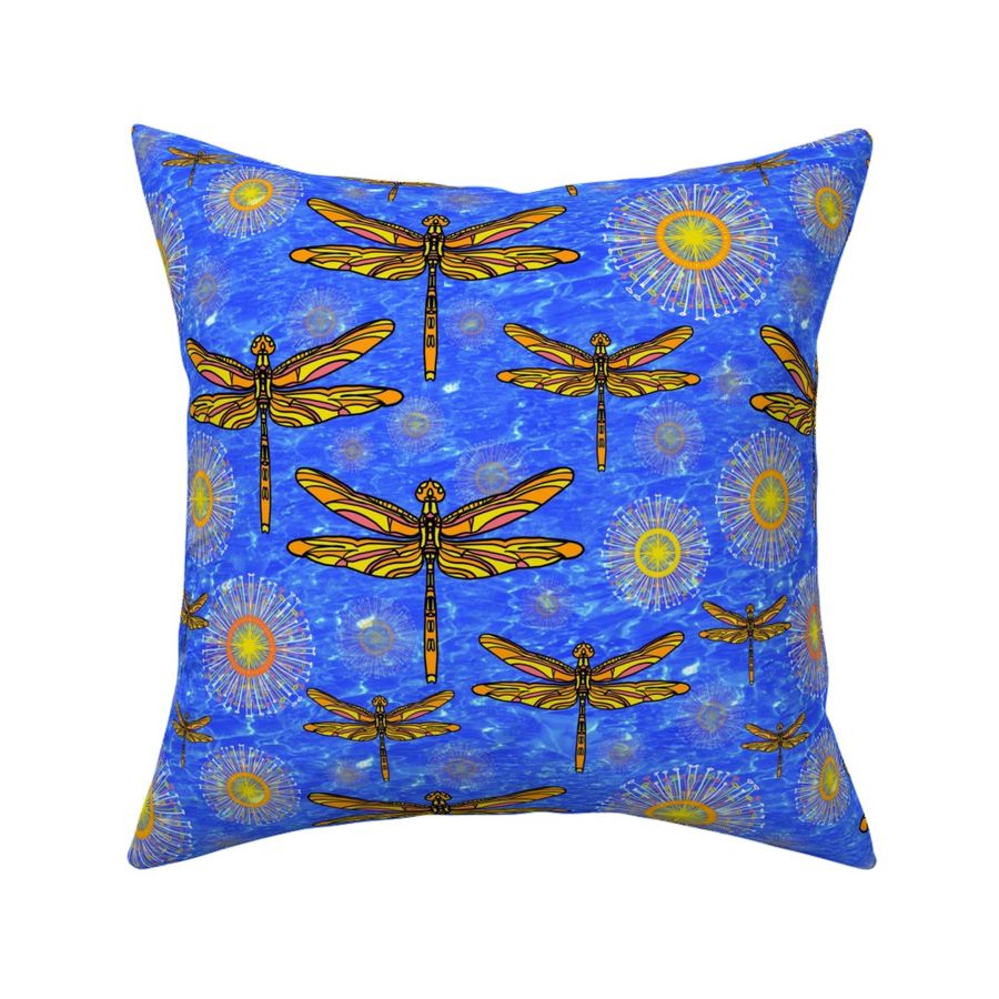 Colourful yellow and orange  dragonflies and seedheads  over sparkling effect water 12” Repeat over ultramarine blue 