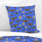 Colourful yellow and orange  dragonflies and seedheads  over sparkling effect water 12” Repeat over ultramarine blue 