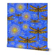 Colourful yellow and orange  dragonflies and seedheads  over sparkling effect water 12” Repeat over ultramarine blue 