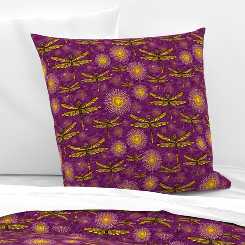 Colourful yellow and orange  dragonflies and seedheads  over sparkling effect water 12”  Repeat rich purple 