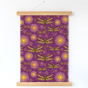 Colourful yellow and orange  dragonflies and seedheads  over sparkling effect water 12”  Repeat rich purple 