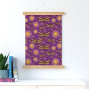 Colourful yellow and orange  dragonflies and seedheads  over sparkling effect water 12” Repeat rich purple 