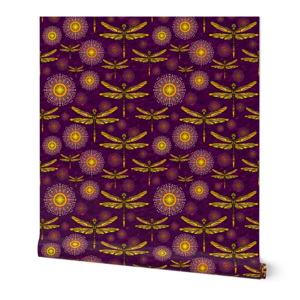 Colourful yellow and orange  dragonflies and seedheads  over sparkling effect water 6”. Repeat over velvety amethyst purple